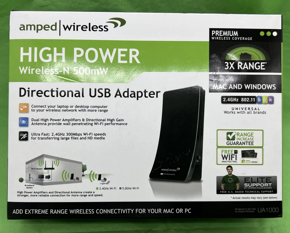 Amped Wireless High Power Wireless-N 500mW Directional USB Adapter (UA1000)  - Image 1 of 3