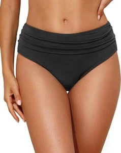 HILOR Plus Sz 22 Black Ruched High Waisted Full Coverage Bikini Swim Bottoms NWT - Picture 1 of 7