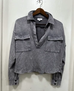 Evereve Ana Pocket Sweatshirt Washed Cotton Point collar gray S - Picture 1 of 16