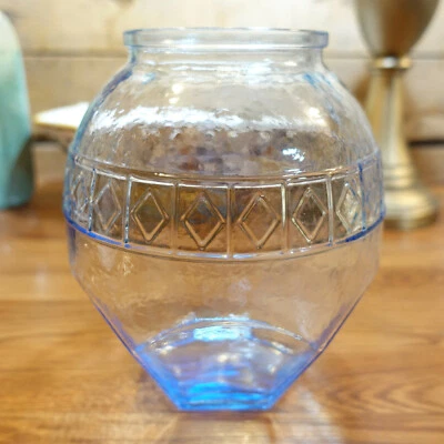 Blue Glass Vase Jar Container Art Deco Geometric Pattern Vtg 8" - Swanky Barn - Image 1 of 4