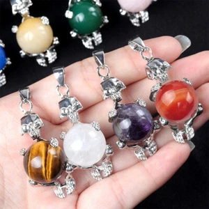 Natural Quartz Stone Skull Skeleton Crystal Ball Bead Pendant Necklace Reiki - Picture 1 of 38