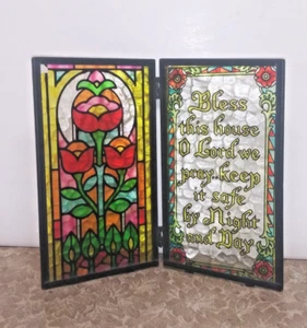 Vintage 70s folding suncatcher stained glass Religious "Bless this house Lord.." - Picture 1 of 11