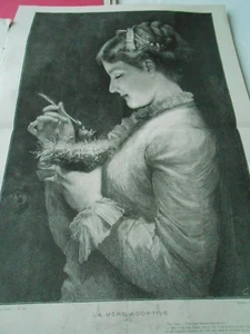 Grande Gravure 1874 - La Mère adoptive Jeune femme nourris l oisillon - Foto 1 di 1