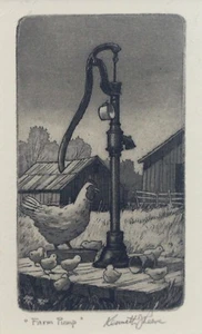 Kenneth Reeve "Farm Pump" 4"x2" aquatint etching - Historic Indiana Art - Picture 1 of 2