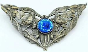 Alfiler de faja de piedra azul Art Nouveau plateado ala de hadas - Imagen 1 de 11