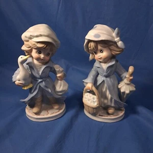 Vintage KPM Set Of Two 8" Figurines Boy w Duck & Girl w Umbrella - Picture 1 of 8