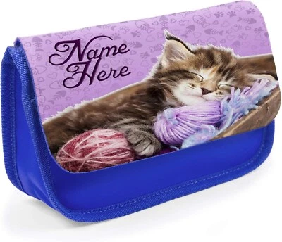 Personalised Cat Pencil Case Girls Blue School Stationary Bag Kitten Gift ST370 - Image 1 of 4