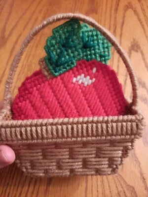 VTG Plastic Canvas Apple Basket  Coaster Set Cross Stitch Handmade - Image 1 of 4