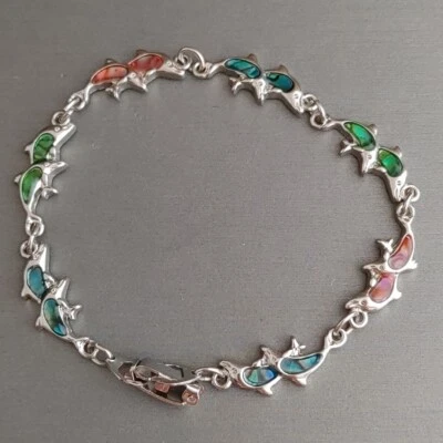 "Brazalete con incrustaciones de concha de abulón DOLPHIN tono plata resina multicolor 7,5""" Foto 1 de 4