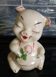 Vintage Painted Ceramic Piggy Bank 5 1/2" Sitting Pig with Clover - Picture 1 of 7