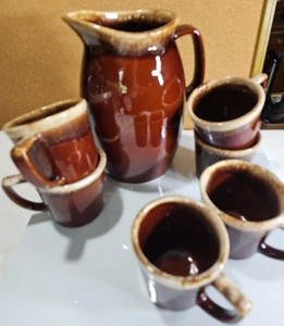 Brown Drip Hull USA Pitcher Vintage Jug Stoneware 9' W/6 McCoy Cups. - Picture 1 of 8