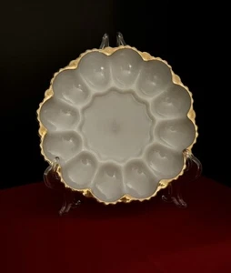 Vintage Anchor Hocking Fire King Milk Glass Deviled Egg Plate 10" Gold Trim - Picture 1 of 2