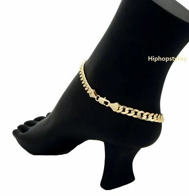 10" CONCAVE CUBAN CURB LINK CHAIN QUALITY ANKLET BRACELET 14K ITALY GOLD PLATED - Image 1 of 4