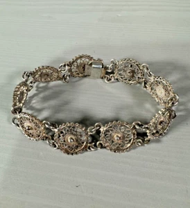 Vintage Silver Bracelet Daisy Flower Layered Panel Chain 800 Silver - Picture 1 of 8