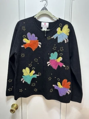 Vintage Quacker Factory Angel Zip Cardigan Sweater M 100% Wool Black Multicolor - Image 1 of 4