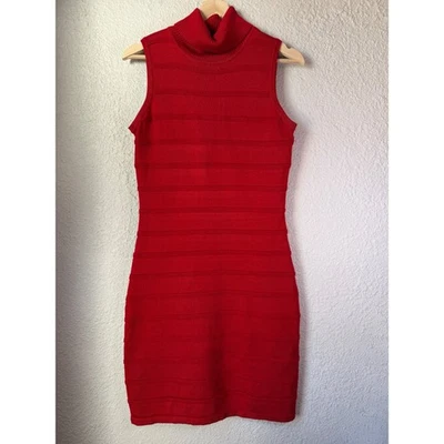 Calvin Klein Red Sleeveless Turtleneck Ribbed Knit Bodycon Mini Dress Size S - Image 1 of 4