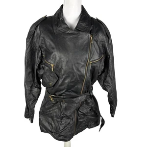 Giacca pelle vintage GIII donna M nera foderata con cintura moto biker zip oro - Foto 1 di 23