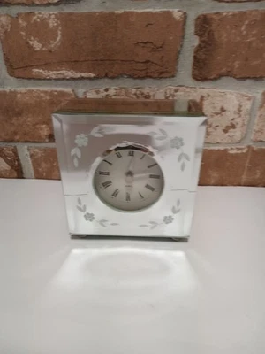 Laura Ashley Home Mirrored Glass Mantle Clock with Etched Flowers Working - Image 1 of 4