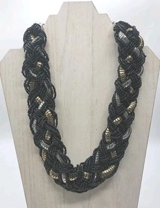 Collana dichiarazione collare bavaglino metallo bicolore intrecciato perle semi neri grandi spesse - Foto 1 di 1