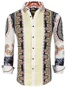 Mens PREMIERE Long Sleeve Button Down Dress Shirt SILKY WHITE GOLD LEAF 643N - Picture 1 of 11
