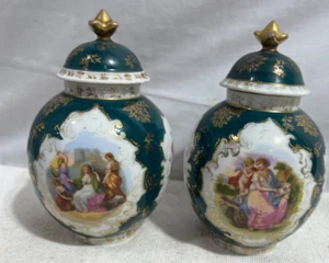 Pair of 2 Covered porcelain Urns Jar Jars Victoria Austria #135 136 Green Vtg - Picture 1 of 9