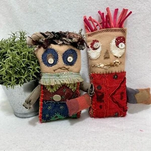 Scrappy Sidekicks Handcrafted Eco-Chic Doll Duo Kantha Embroidery Vintage Fabric - Picture 1 of 8