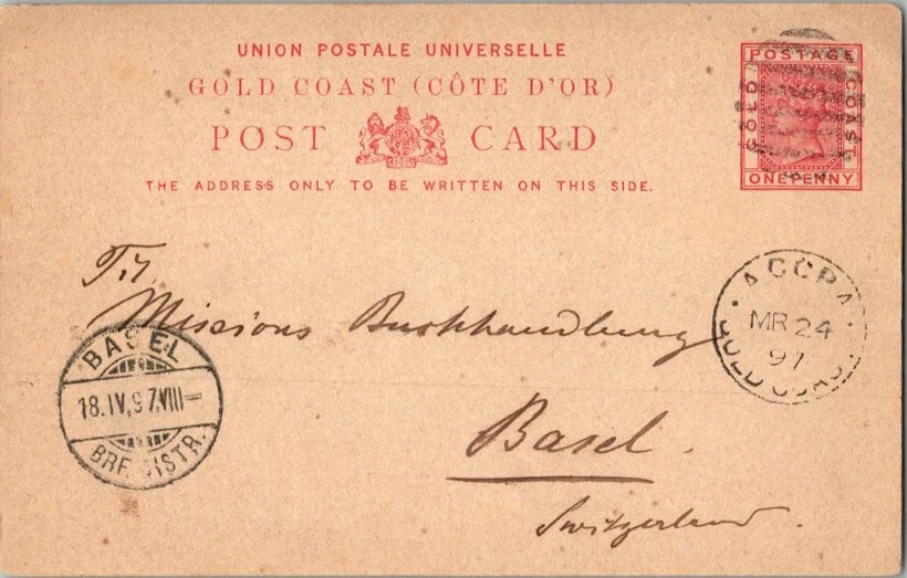 Gold Coast 1d QV Postal Card 1897 Accra, Gold Coast to Basel, Switzerland. - Image 1 of 1
