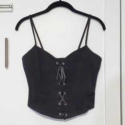 VINTAGE Y2K Hot Kiss espartilho top laço falso e zíper - shopping gótico preto pirata - Imagem 1 de 4