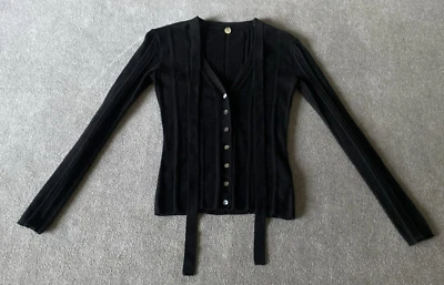 Cárdigan Margaret O'Leary Para Mujer Talla S Negro Seda Curvado Suéter Corbata Cuello Botón Foto 1 de 4