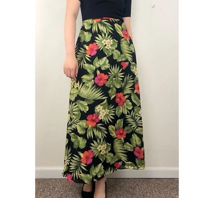 Vintage Ralph Lauren Black Tropical Floral Maxi A-Line Silk Skirt - Image 1 of 4