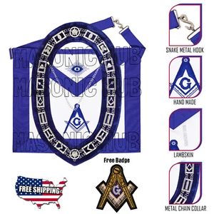 MASONIC BLUE LODGE MASTER MASON 100% LAMBSKIN APRON & WORKING TOOLS CHAIN COLLAR - Picture 1 of 8