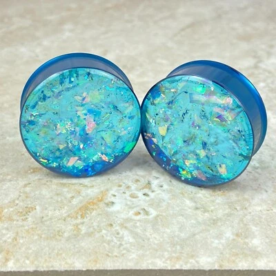 Pair of Blue Super Shimmer Resin Double Flare Plugs (EMB-024) gauges - Image 1 of 3