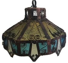 Vintage Antique Wrought Iron - Stained Glass Indoor Chandelier Blue Yellow 