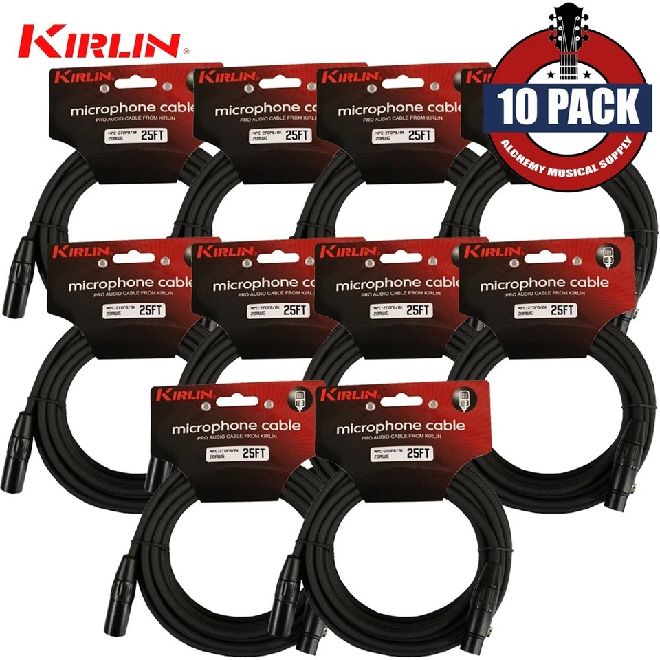 10-PACK Kirlin 25FT 20AWG XLR Male To Female Microphone Cable MPC-270 PB-25/BK