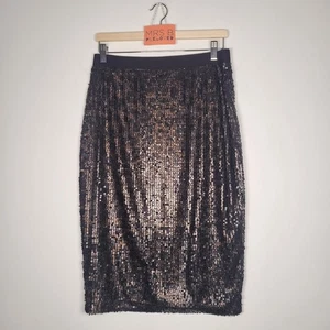 M&S Pailletten Rock 12 schwarz braun Leopard Bleistift Zweig gefüttert Party Weihnachten - Bild 1 von 8