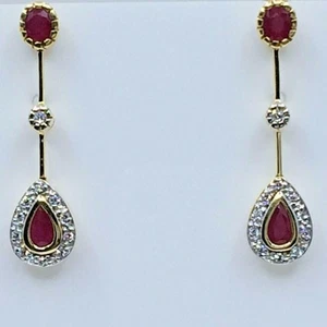 14K Yellow Gold Drop Earrings | Natural Rubies & White Cubic Zirconia | Fine - Picture 1 of 7
