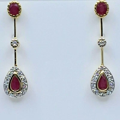 14K Yellow Gold Drop Earrings | Natural Rubies & White Cubic Zirconia | Fine - Image 1 of 4