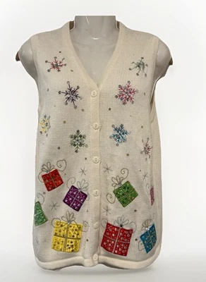 De Colección Kim Rogers Suéter Chaleco Talla Med Marfil Lentejuelas Cuentas Copo de Nieve Regalos Navidad Foto 1 de 4