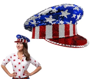 Iridescent Patriotic USA 4th of July American Flag Sequins Captain Hat - Picture 1 of 7