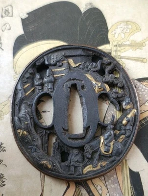 Boneco Edo Period! TSUBA Samurai Swordguard Japonês KatanaBlade arte antiga - Imagem 1 de 4