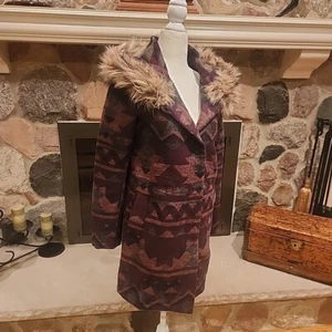 BB Dakota Women's Aztec Fur Trim Coat XS Blanket Southwestern Jacket - Picture 1 of 17