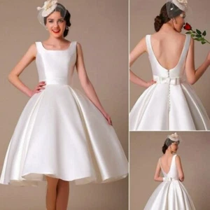 Tea Length Wedding Dresses Church Elegant Backless Satin Summer Bridal Gown - Picture 1 of 10