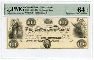 1800's $100 The Mechanics Bank - New Haven, CONNECTICUT Note PMG CU 64 EPQ - Picture 1 of 2