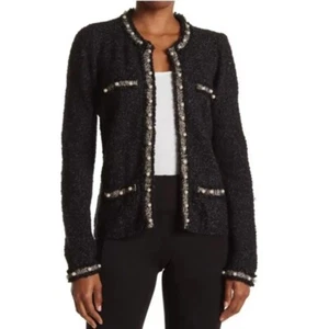 Love Token Black Sparkle Cardigan Pearl Detail Size Medium Wool Blend - Picture 1 of 7