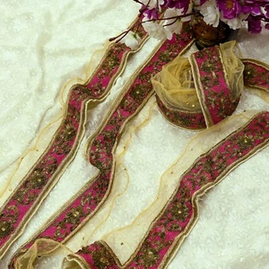 Vintage Beige Sari Border Hand Embroidered 1yd Craft Trim Lace Sewing Net/Mess - Picture 1 of 14