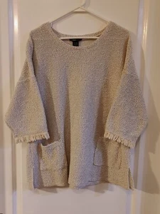 ROBERT LOUIS Sz Petite L Women’s Cuffed Short Sleeve Oatmeal Knit Sweater Top - Picture 1 of 4