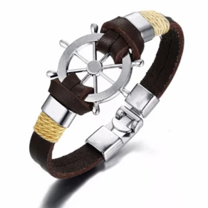 Vnox Rudder Design Men Bracelet Bangle Double Layer Leather Classic Vintage BROW - Picture 1 of 1