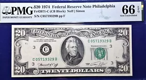 1974 $20 Federal Reserve Note Fr-2071-C Philadelphia PMG66 Gem EPQ - Picture 1 of 4
