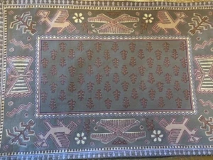 Hand Printed Placemats and Napkins Set for 6 Olive Green w/Pink&Tan Accents NEW - Picture 1 of 7