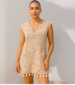 Rachel Zoe Damen L Boho hellbraun und creme Zebramuster Leinen Überwurf mit Quasten - Bild 1 von 8